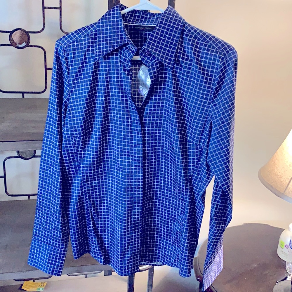 New York and Company, blue and white striped, medium sized button up shirt.